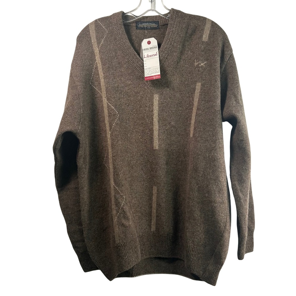 Liberal Original Brown Australian Wool V-Neck Geometric Knit Sweater Size 42 NEW